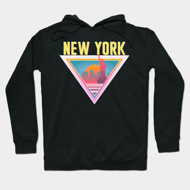 New York City Skyline Silhouette Sunrise Retro 80's / 90's Vaporwave Aesthetics - Bright Vintage Design For Sunny Summer Days Hoodie by KritwanBlue